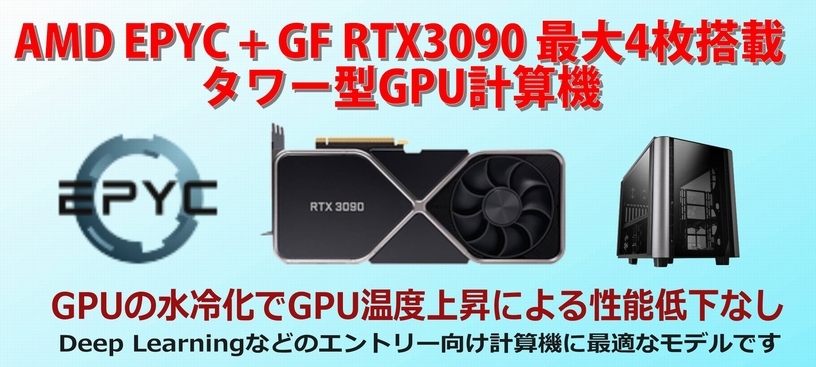 NVIDIA GeForce RTX 3090最大4枚搭載、AMD CPU搭載の騒音低減ワークステーション・タワー型計算機モデルの製品ページはこちらをクリック